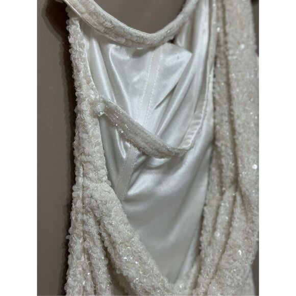 Mac Duggal 5263 One Shoulder Strap Drape Off White Sequin Evening Mini Dress S - Picture 14 of 16